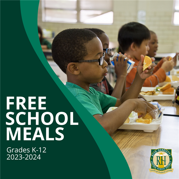  Students eating in a cafeteria with text of Free School Meals K-12